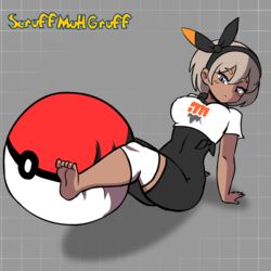 1girls abs alternate_breast_size animated ass ball barefoot bea_(pokemon) big_breasts blonde_hair blue_eyes bodysuit breasts clothed dark-skinned_female dark_skin exercise feet female female_only grey_background human looking_at_viewer nintendo pokemon pokemon_ss scruffmuhgruff soles solo text thick_thighs toes watermark wide_hips