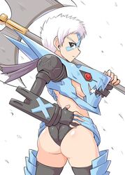 armor axe convenient_censoring cougar1404 dat_ass dragon dragon_marked_for_death grey_eyes impractical_armor inti_creates looking_at_viewer panties posing rule_63 scantily_clad short_hair skimpy tattoo warrior_(dmfd) weapon white_hair