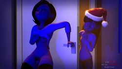 2girls 3d annoying_watermark breast_grab breasts clothed_female_nude_female clothing dildo disney female female_only half_dressed helen_parr masturbation multiple_girls neinsfw nipples pixar pubic_hair santa_hat smooth_skin source_filmmaker the_incredibles violet_parr