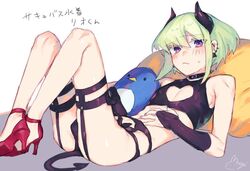 1boy ankle_strap black_gloves blonde_hair blush bra collar crossdressing demon_tail demon_wings disgaea earrings etna femboy girly gloves green_hair half_gloves high_heels horns jewelry lio_fotia looking_at_viewer male male_focus male_only moegi0926 navel nippon_ichi_software panties pillow prinny promare purple_eyes solo strappy_heels tail trap underwear wings