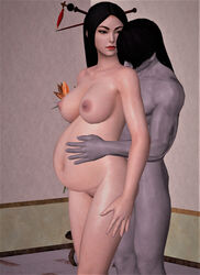 1boy 1girls 3d amaterasu_(smite) areolae artist_self-insert asian belly belly_hold big_belly black_hair black_lipstick breasts brown_eyes collarbone darkus_(theobscureone) dilf duo emo exposed_breasts eyebrows female goddess goth hair_ornament hair_over_one_eye human indoor interracial interspecies japanese_mythology large_breasts lipstick long_hair looking_at_partner male milf muscle navel nipples nude_female nude_male original_character pale_skin pregnant shoulder_kiss smiling smite standing straight taller_girl theobscureone thighs xnalara