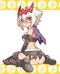 1girls ass beltskirt black_skirt breasts cleavage clothing_damage cougar1404 curvy dat_ass defeated dragon_marked_for_death embarrassed empress_(dmfd) female female_only hair_ornament inti_creates large_ass large_breasts lost_clothes microskirt panties red_eyes sad skirt tears torn_clothes torn_skirt white_hair