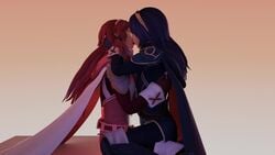 3d animated armor blue_clothes blue_hair fire_emblem fire_emblem_awakening hi_res highres kiss kissing lucina_(fire_emblem) no_sound red_clothes red_hair selfcest short_playtime simple_background super_smash_bros. thenaysayer34 video yuri