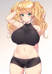 1girls blonde blonde_hair breasts cameltoe cleavage female female_only granblue_fantasy green_eyes huge_breasts kuavera looking_at_viewer monika_(granblue_fantasy) solo solo_female sports_bra thick_thighs