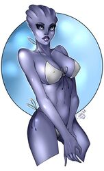 1girls 2018 alien alien_girl asari big_lips bikini blue_eyes blue_lips blue_nipples blue_skin breasts cleavage collarbone cybraxhell dated eyelashes female female_only freckles highres large_breasts liara_t'soni mass_effect navel nipple_bulge perky_breasts side-tie_bikini signature simple_background solo toned toned_female white_background white_bikini