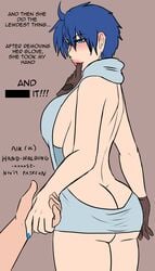 aik_(xxxx52) ass blue_eyes blue_hair blue_nail_polish blush glove_in_mouth gloves hand_holding open_back original painted_nails patreon pov revealing_clothes sideboob text virgin_killer_sweater xxxx52