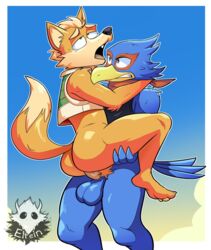 2boys anal anthro anthro_on_anthro ass avian balls bandana blue_eyes bottomless canid canine clothed clothing elfein falco_lombardi fox fox_mccloud gay genitals green_eyes hi_res holding_character humanoid jacket leg_grab looking_pleasured male male/male male_only male_penetrated male_penetrating male_penetrating_male mammal nintendo penetration penis sex stand_and_carry_position standing standing_sex star_fox topwear video_games yaoi