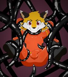 absurd_res anthro bondage bound bulge canid canine canis genital_outline hero hi_res lmania329 male male_only mammal penis_outline red_eyes rubber simple_background solo superhero suspension tentacle twink wolf