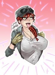 1girls ahe_gao ash_(rainbow_six) bangs cybraxhell female female_only gloves green_eyes hair_between_eyes human jacket jewish jewish_female long_hair rainbow_six rainbow_six_siege red_hair saliva shirt solo sunglasses_on_head sweat tied_hair tom_clancy tongue tongue_out