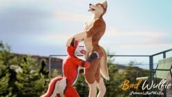 3d_artwork 5_fingers anthro balls biped black_claws black_nose blender_cycles blue_eyes brown_body brown_fur canid canine canis claws digital_media_(artwork) digitigrade domestic_dog duo fellatio fingers fluffy fur genitals gloves grass hair male male/male male_anthro mammal marking mutt_ nude oral pawpads paws penile penis realistic red_body red_fur red_wolf red_wulfie sex sky sun tail tree wagnermutt watermark whiskerswhite_whiskers white_body white_fur