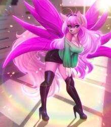 adorableinall ahoge ass black_boots black_skirt blouse blue_eyes breasts canine crystal female furry headband high_heels indoors mammal mariah_veiethe pink_nails purple_hair smile wings wolf