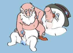 2020 anthro balls belly blue_background christmas clothing duo frosty_the_snowman fur gay genitals hat headgear headwear holidays human lying male male/male male_only mammal moobs nipples oral overweight overweight_male penis saltshovel santa_claus sex simple_background sitting snowman white_body white_fur