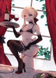 alcohol artoria_pendragon artoria_pendragon_(alter) artoria_pendragon_(swimsuit_rider_alter) bare_shoulders bikini black_bikini black_bow black_footwear black_gloves black_legwear black_swimsuit blonde_hair bottle bow braid breasts choker closed_mouth cowboy_shot cup drink drinking_glass elbow_gloves fate/grand_order fate_(series) female frilled_bikini_top frilled_choker frills frown garter glass gloves grey_background groin hair_ornament hairbow halter_top halterneck high_heels high_resolution holding holding_object holding_tray leg_garter looking_at_viewer maid_bikini maid_headdress navel open_mouth rimsuk shoes short_hair small_breasts solo standing swimsuit table thighhighs tied_hair tray v-shaped_eyebrows wine wine_bottle wine_glass yellow_eyes