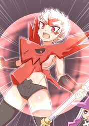 2girls blush cougar1404 dragon dragon_marked_for_death embarrassed impractical_armor inti_creates long_hair multiple_girls naughty_face panties pink_eyes red_eyes rule_63 scantily_clad short_hair skimpy smile warrior_(dmfd) weapon white_hair witch_(dmfd)