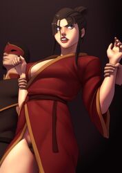 1girls avatar_the_last_airbender azula big_breasts black_hair bondage breasts brown_eyes busty cleavage clothing eyelashes female female_focus female_only femsub hourglass_figure john_doe large_breasts lipstick long_hair medium_breasts nail_polish pubic_hair pubic_hair_peek pussy restrained royalty sleeves_rolled_up solo tied_hair vagina wide_hips yellow_eyes