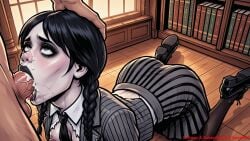 ai ai_art ai_generated azure993 blowjob breasts fellatio female female_focus girl goth goth_girl library school_uniform the_addams_family uncensored wednesday_addams