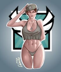 1girls 2019 abs arm_behind_back beret breasts brown_hair clothed collarbone cowboy_shot crop_top crop_top_overhang cybraxhell dated dog_tags eyeshadow female female_only front_view functionally_nude gesture green_eyes hat highres human large_breasts midriff military navel nipple_bulge panties perky_breasts rainbow_six rainbow_six_siege salute shirt short_hair signature solo tank_top thigh_gap tom_clancy toned toned_female zofia_(rainbow_six)