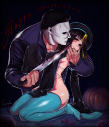 1boy 1boy1girl 1girls black_hair blue_legwear blue_thighhighs blush breasts china_dress chinese_clothes clothing crossover dbd dead_by_daylight female feng_min forced halloween_(series) human human_only kneeling knife kyosuke_rider legs_together long_hair male maledom michael_myers no_bra no_panties thighhighs threatening wide_hips