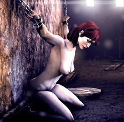 1girls 3d bondage captured chained chained_to_wall cheopsfm commander_shepard femshep kneeling mass_effect poster red_hair solo source_filmmaker