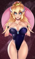 1girls 2018 armlet big_lips blonde_hair blue_eyes bowsette breast_suppress breasts cleavage cowboy_shot crown cute_fang cybraxhell dated eyelashes female female_only front_view genderswap_(mtf) hands_on_breasts heart heart-shaped_pupils highleg_leotard horns humanoid humanoidized large_breasts leotard long_hair mario_(series) new_super_mario_bros._u_deluxe nintendo rule_63 shiny_skin signature solo space spiked_armlet standing stars super_crown thigh_gap very_long_hair