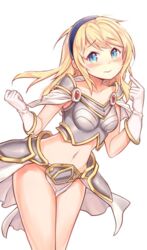 1girls armor armour blonde_hair blue_eyes blush blushing blushing_at_viewer cute embarrassed gloves goyain headband headgear headwear league_of_legends light-skinned_female light_armor light_skin looking_at_viewer luxanna_crownguard medium_breasts no_panties simple_background solo solo_female solo_focus thick_thighs white_background white_gloves