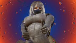 bellybutton big_breasts breasts closed_eyes implied_cowgirl_position implied_sex ingame ingame_model ling_xiaoyu skinsuit tekken tekken_8 thumbs_up white_hair
