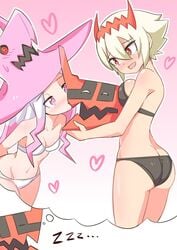 1boy 2girls ass_cleavage atruum blush butt_crack cougar1404 daydream dragon dragon_marked_for_death dreaming empress_(dmfd) happy heart holding holding_head inti_creates kissing ling_hair pink_eyes red_eyes scantily_clad short_hair sleeping underwear underwear_only white_hair witch_(dmfd) witch_hat