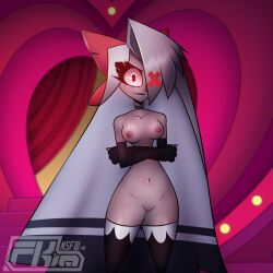 1_eye angel blush breasts casual_exposure detailed_background exhibitionism female fkimnsfw grey_body hair hazbin_hotel nipples pussy smile standing thick_thighs vaggie_(hazbin_hotel) white_hair