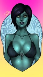 1girls 2018 abstract_background absurdres bikini bikini_top black_bikini black_hair black_lips breasts breasts_apart bust clothed collarbone cybraxhell dated dota_2 female female_only front_view gradient_background green_nipples green_skin highres humanoid large_breasts parted_lips phantom_assassin short_hair signature solo yellow_eyes