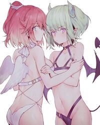 1boy 1girls absurdres aina_ardebit angel angel_wings ass belt blonde_hair blush breasts butt_crack choker demon demon_wings female femboy girly gloves green_hair highres lio_fotia looking_at_viewer male male_focus midriff navel pink_hair promare purple_eyes shii_(luochen_xi) short_hair side_ponytail simple_background soft_color tail trap white_background wings