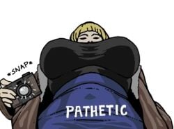 anonymous_artist big_breasts blonde_hair breasts camera doodle fear_and_hunger fear_and_hunger:_termina female female_only fully_clothed huge_breasts karin_(fear_and_hunger) looking_at_viewer looking_down low-angle_view meme pathetic_(meme) solo underboob