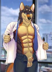 abs animal_genitalia anthro anthro_only balls blue_eyes bulge canid canine canine_penis canis clothing genitals hi_res looking_at_viewer male male_only mammal muscles muscular muscular_male penis penis_tip richard_foley sheath solo stripping undressing wolf