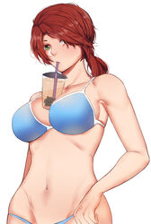 1girls ardi_rayhan between_breasts bikini blue_bikini breasts carolina clothed drink drinking female female_only green_eyes hair_over_one_eye highres human large_breasts looking_at_viewer meme midriff navel object_between_breasts ponytail red_hair red_vs_blue simple_background solo tagme white_background