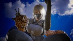 belly bellybutton big_breasts breasts closed_eyes implied_sex ingame ingame_model king_(tekken) legs_spread ling_xiaoyu nipples_visible_through_clothing peace_sign skinsuit tekken tekken_8 unreal_engine white_hair