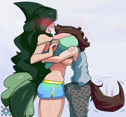 1boy 1girls 2020 big_breasts blue_shirt blush breast_smother breasts dog_(joeydrawss) dog_tail duo erection erection_under_clothes face_in_breasts female furry green_hair grey_background heart hug huge_breasts joeydrawss original raised_eyebrows shark_girl shark_tail shorts size_difference smaller_male smothering standing tail tammie_(joeydrawss) tank_top thighs