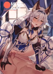 1boy animal_ears arm_guards armor armored_dress bangs black_gloves blush breastplate breasts cat_ears censored cleavage clothed_sex cowgirl_position curtains diadem dress elbow_gloves erune female gloves granblue_fantasy greaves hair_between_eyes hair_tubes heles large_breasts long_hair looking_at_viewer looking_down mosaic_censoring muunai open_mouth pauldrons penis pussy sex sidelocks silver_hair solo_focus straddling straight thighhighs thighs vaginal_penetration very_long_hair white_dress white_legwear window