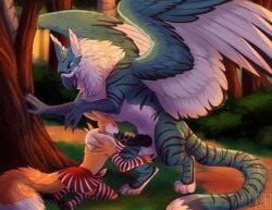 2020 anthro anthro_on_feral avian balls beak clothed clothing crossdressing day detailed_background digimon digimon_(species) digital_media_(artwork) feathered_wings feathers feral forest genitals grass gryphon kneeling male male/male oral outside park penis renamon silvyr trail tree wings zoophilia