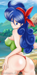 1girls back_view bent_over bikini bikini_bottom blue_hair boobs_and_butt_pose dragon_ball dragon_ball_(classic) erect_nipples from_behind good_launch launch long_hair medium_breasts nipple_bulge pipowi protzero shounen_jump solo solo_female spaghetti_strap tank_top tankini thong very_long_hair