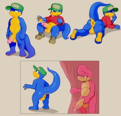 2019 absurd_res amphibian anthro ass backsack balls bedroom_eyes big_penis clothing daftpatriot disk_(daftpatriot) duo erection eyewear fan_character genitals glasses half-closed_eyes hat headgear headwear hi_res huge_cock humanoid_penis imminent_sex looking_back male male/male narrowed_eyes nude octii penis raised_tail salamander_(amphibian) seductive simple_background