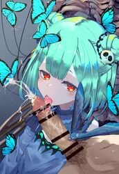 bar_censor bug butterfly censored cum detached_sleeves double_bun ejaculation fellatio female green_hair highres hololive insects kuudere looking_at_viewer oral penis red_eyes saliva simple_background solo_focus suushiki tongue tongue_out uruha_rushia virtual_youtuber