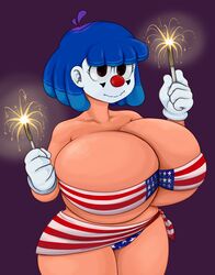 american_flag american_flag_bikini big_breasts black_background blue_hair clothed clown clown_makeup clown_nose female female_only fizzie_(vendant) huge_breasts looking_at_viewer massive_breasts mostly_nude smile solo solo_female sparkles thick_thighs thighs vendant white_gloves