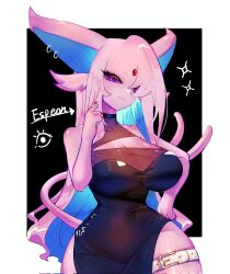 anthro big_breasts breasts cleavage clothed clothing cute cute_face dress ear_piercing ear_ring eeveelution espeon female female_only forehead_gem forked_tail hair hi_res nintendo piercing pink_hair pokemon pokemon_(species) purple_eyes ring_piercing simple_background solo solo_female tail text thigh_belt togetoge unusual_anatomy unusual_tail