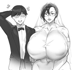 1girls big_breasts big_lips breasts curvy female glasses huge_breasts husband_and_wife kazusa_(natedecock) male mature mature_female muscular_female natedecock naughty_face nipple_bulge seductive tuxedo veil venus_body voluptuous wedding wedding_dress