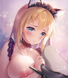 animal_ears artist_name bismarck_(kantai_collection) blonde_hair blue_eyes blush breasts cat_ears collarbone fake_animal_ears female hair_between_eyes hat hat_removed headwear_removed kantai_collection large_breasts long_hair nipples paint_musume parted_lips peaked_cap solo twitter_username upper_body