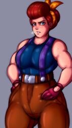 belt big_breasts blue_eyes brawl_stars clothing fat gloves muscular pam_(brawl_stars) pants red_hair suspenders sweat thunder_thighs