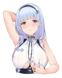 1girls 3: absurdres after_paizuri arm_behind_head arm_up armpits azur_lane bangs bare_shoulders black_hairband blunt_bangs blush breasts center_frills cropped_torso cum cum_bridge cum_on_body cum_on_breasts cum_on_upper_body cum_string dido_(azur_lane) eyebrows_visible_through_hair female female_only frown hairband highres large_breasts light-skinned_female light_skin long_hair looking_at_viewer pak_ce purple_eyes royal_navy_(azur_lane) shirt silver_hair simple_background sleeveless sleeveless_shirt solo underboob underboob_cutout upper_body white_background white_shirt