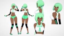 1girls ass bare_shoulders breasts dark-skinned_female dark_skin emerald_sustrai extremesoda female female_only green_hair gym_uniform looking_at_viewer midriff navel open_mouth red_eyes rwby short_shorts simple_background solo white_background