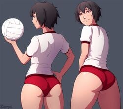 1girls ass big_ass female female_only looking_at_viewer looking_back small_breasts solo thick_thighs tomboy volleyball volleyball_(ball) volleyball_uniform wide_hips zoryc