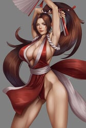 2020 arms_above_head brown_hair cleavage female_only hand_fan hips holding_object huge_breasts japanese king_of_fighters long_hair looking_at_viewer mai_shiranui muscular_female muscular_thighs pinup ponytail sirenlin skimpy skimpy_clothes solo thick_thighs thighs