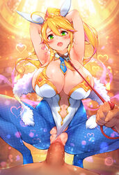 1boy :o absurdres animal_ears armpits arms_behind_head artoria_pendragon artoria_pendragon_(lancer) artoria_pendragon_(swimsuit_ruler) blonde_hair blue_legwear blue_neckwear breasts bunny_ears bunnysuit censored clothed_sex collar commentary_request cowgirl_position detached_collar fate/grand_order fate_(series) female full_body green_eyes heart highres huge_breasts leash leotard leotard_aside long_hair looking_at_viewer mosaic_censoring navel necktie nipples open_mouth pantyhose penis ponytail pussy revision sex shiny shiny_skin spread_legs squatting straddling straight sugihara_(sugihara2000) sweat thighs torn_clothes torn_legwear vaginal_penetration white_leotard yellow_background